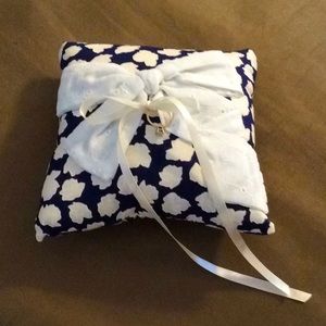 Wedding Ring Bearer Pillow handmade white eyelet bow appliqué floral navy blue